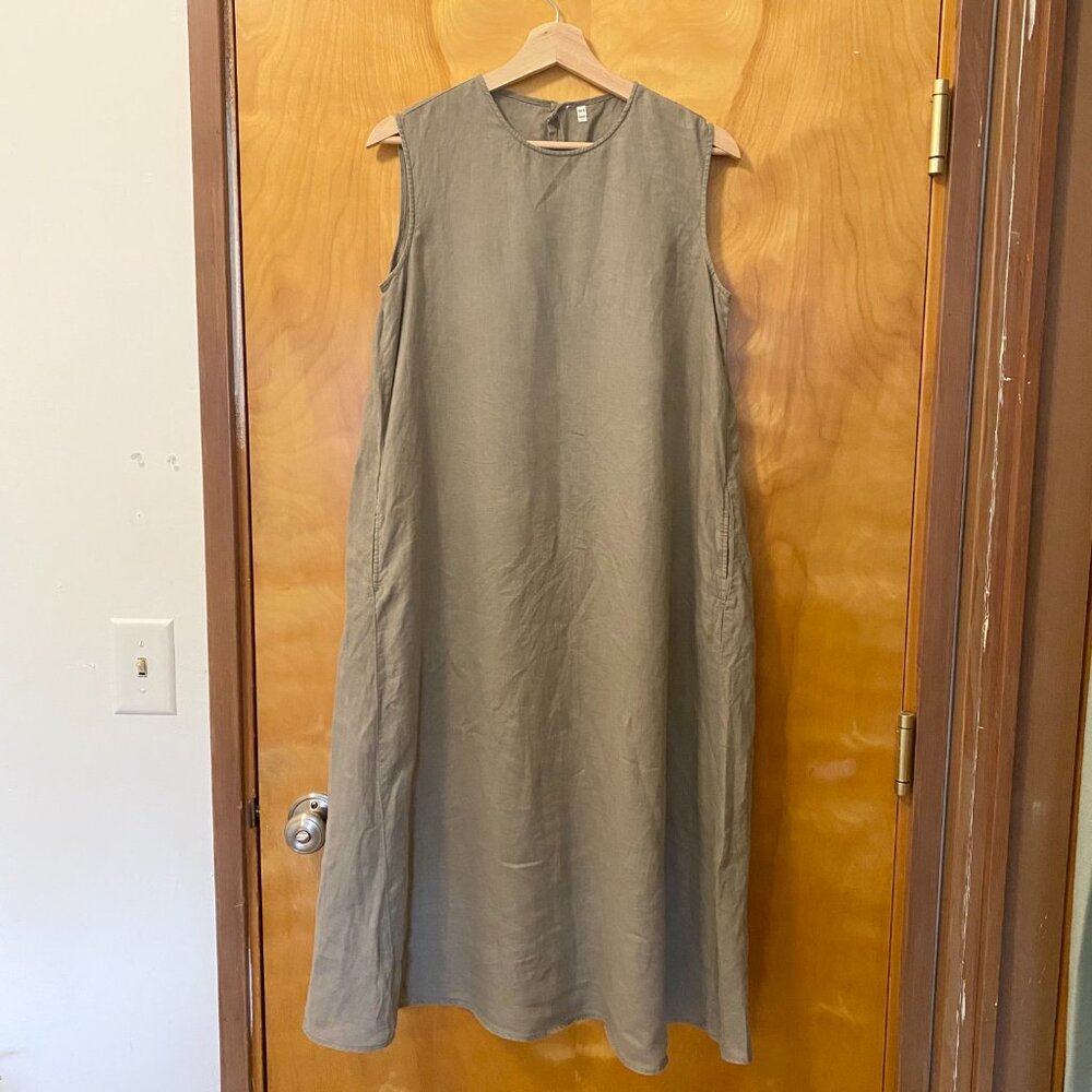 MUJI Linen Sleeveless A-Line Midi Jumper Dress Size XS-S Lightweight Beige
